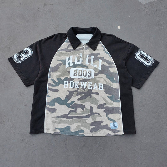 Camo Color Block Half Zip Polo - HUILI 2003 Print Y2K Rugby Shirt Streetwear