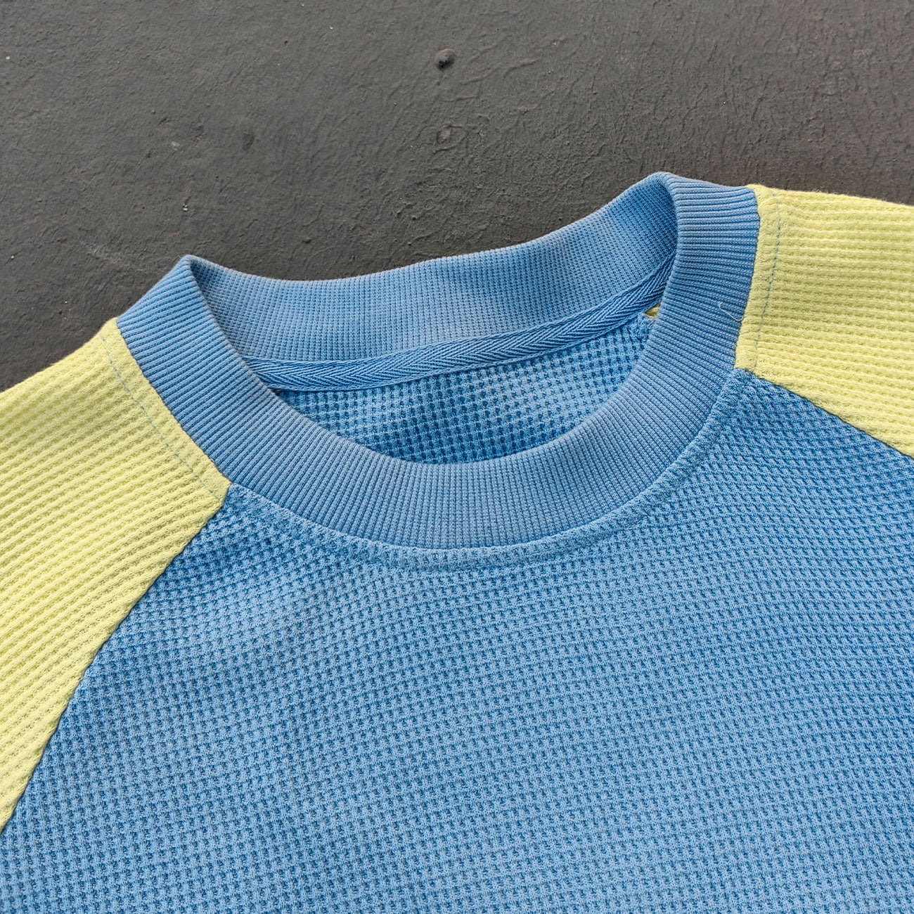 Graffiti Print Raglan Long Sleeve - Blue Yellow Color Block Waffle Knit Y2K Streetwear