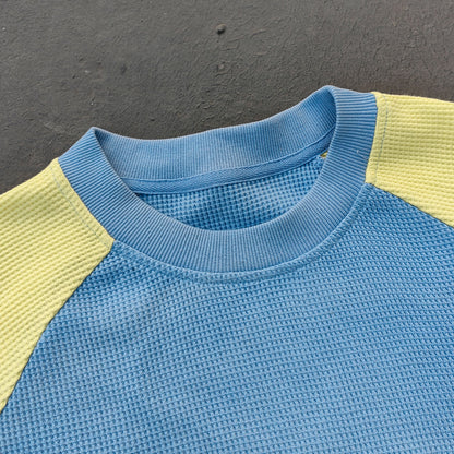 Graffiti Print Raglan Long Sleeve - Blue Yellow Color Block Waffle Knit Y2K Streetwear
