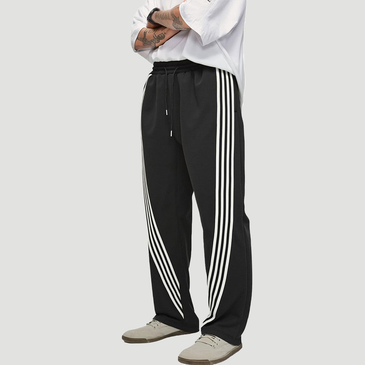 Men's Stripe Sweatpants Winter Straight Leg Pants Casual Wear Black Soft Fleece Joggers with Drawstring Waist Daily Loungewear