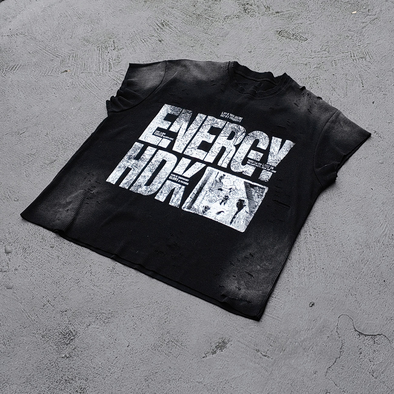 ENERGY HDK Sleeveless Tee - Black White Waffle Knit Cut Off Muscle Tee Distressed Ripped Y2K Streetwear