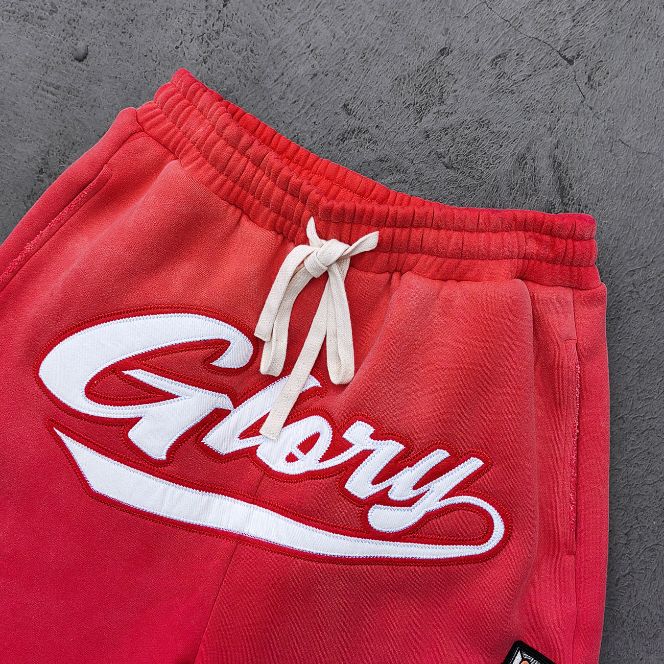 Red Glory Patch Pants - Multi Badge Embroidered Acid Wash Wide Leg Drawstring Y2K Oversized