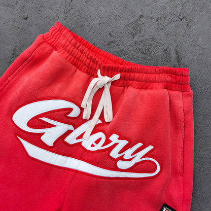 Red Glory Patch Pants - Multi Badge Embroidered Acid Wash Wide Leg Drawstring Y2K Oversized