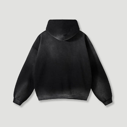 Men’s Oversized Black Hoodie 360G Fleece Vintage Wash Distressed Y2K Streetwear Gradient Pullover Hooded Sweatshirt