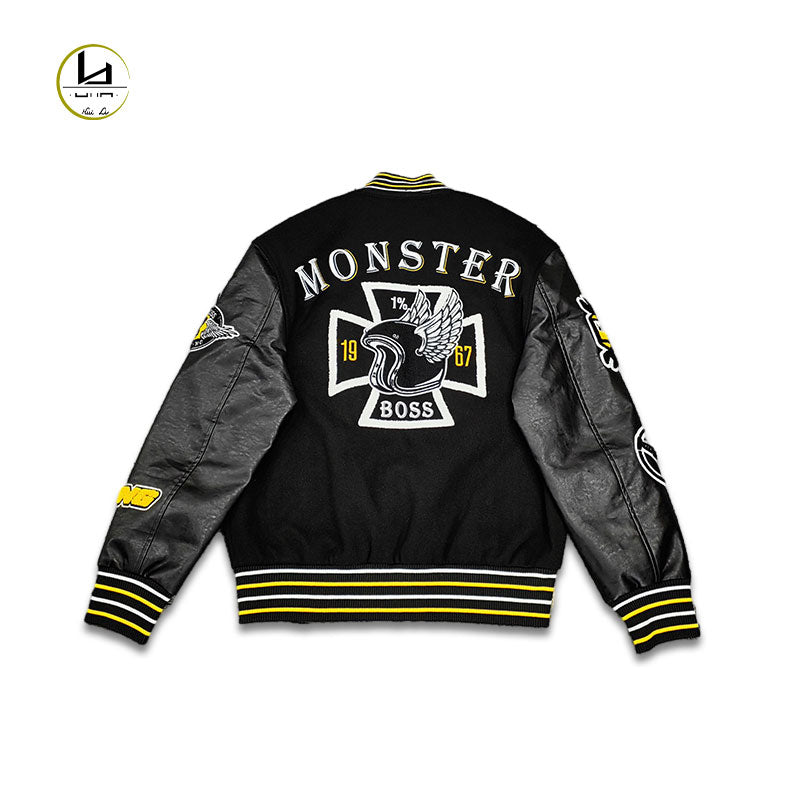 HUILI FACTORY streetwear custom applique embroidery Y2K leather sleeve varsity jacket