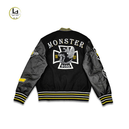 FACTORY streetwear custom applique embroidery Y2K leather sleeve varsity jacket