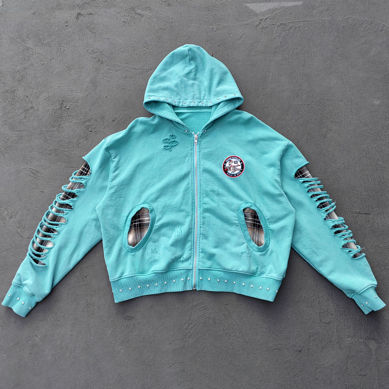 Heavily Distressed Zip Up Hoodie - Mint Studded Ripped Plaid Lining Y2K