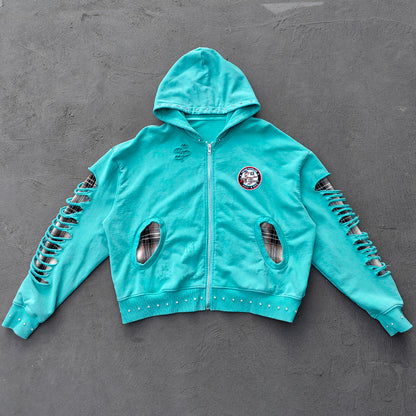 Heavily Distressed Zip Up Hoodie - Mint Studded Ripped Plaid Lining Y2K