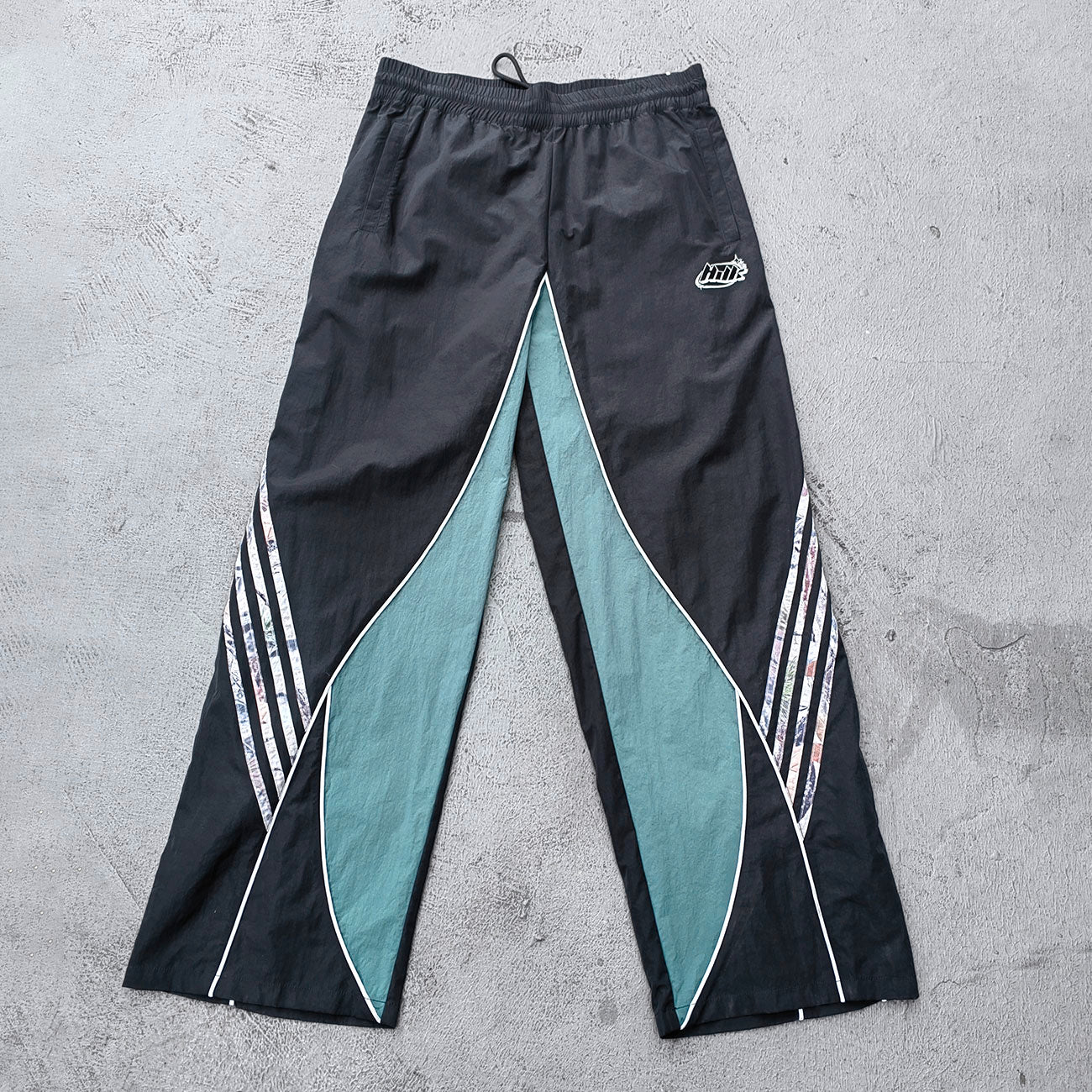 Black Green Camo Wide Leg Pants - Curved Panel Color Block Y2K Nylon Track Pants Streetwear
