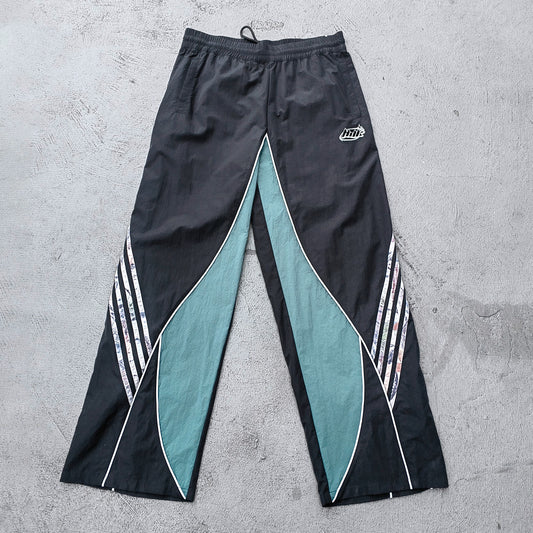 Black Green Camo Wide Leg Pants - Curved Panel Color Block Y2K Nylon Track Pants Streetwear