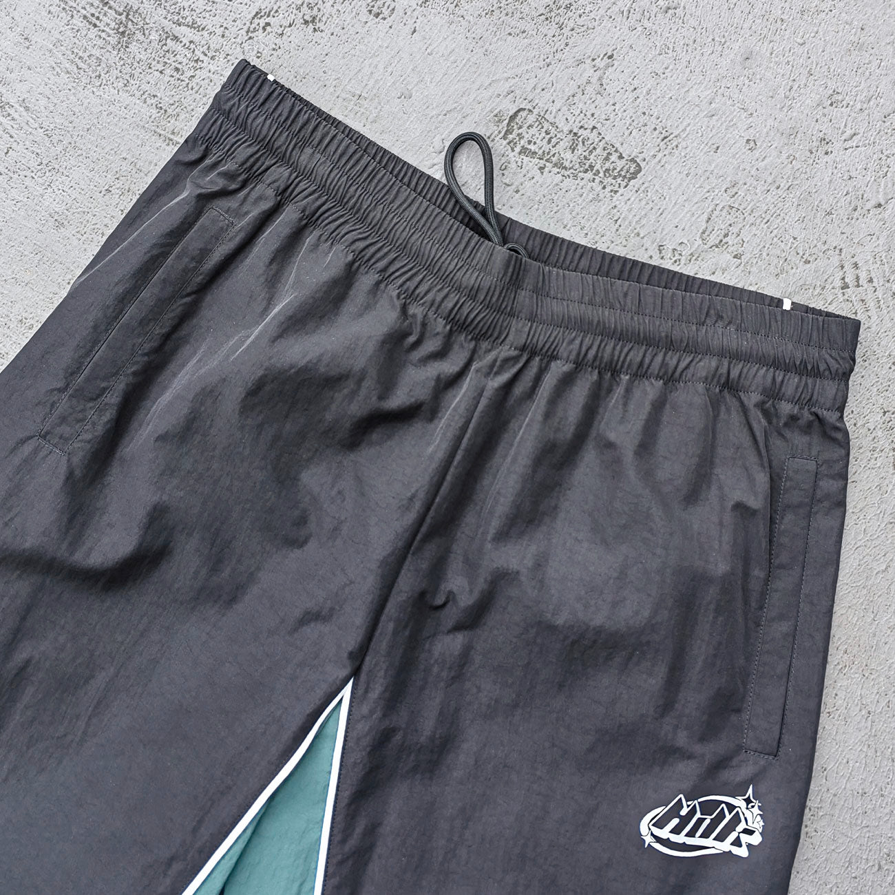 Black Green Camo Wide Leg Pants - Curved Panel Color Block Y2K Nylon Track Pants Streetwear