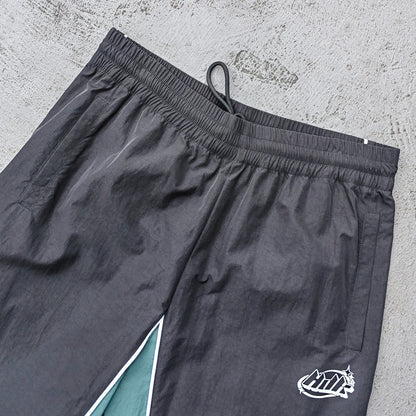Black Green Camo Wide Leg Pants - Curved Panel Color Block Y2K Nylon Track Pants Streetwear