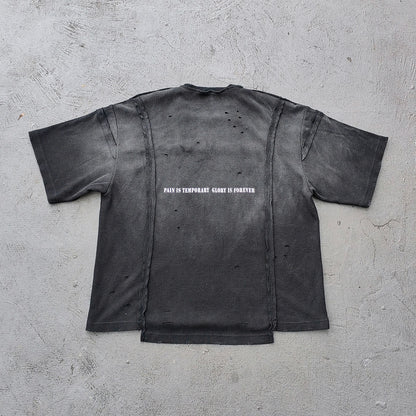 HOLY GLORY ENERGY Football Jersey Tee - Black White Waffle Knit Distressed Ripped Asymmetric Hem Y2K Streetwear