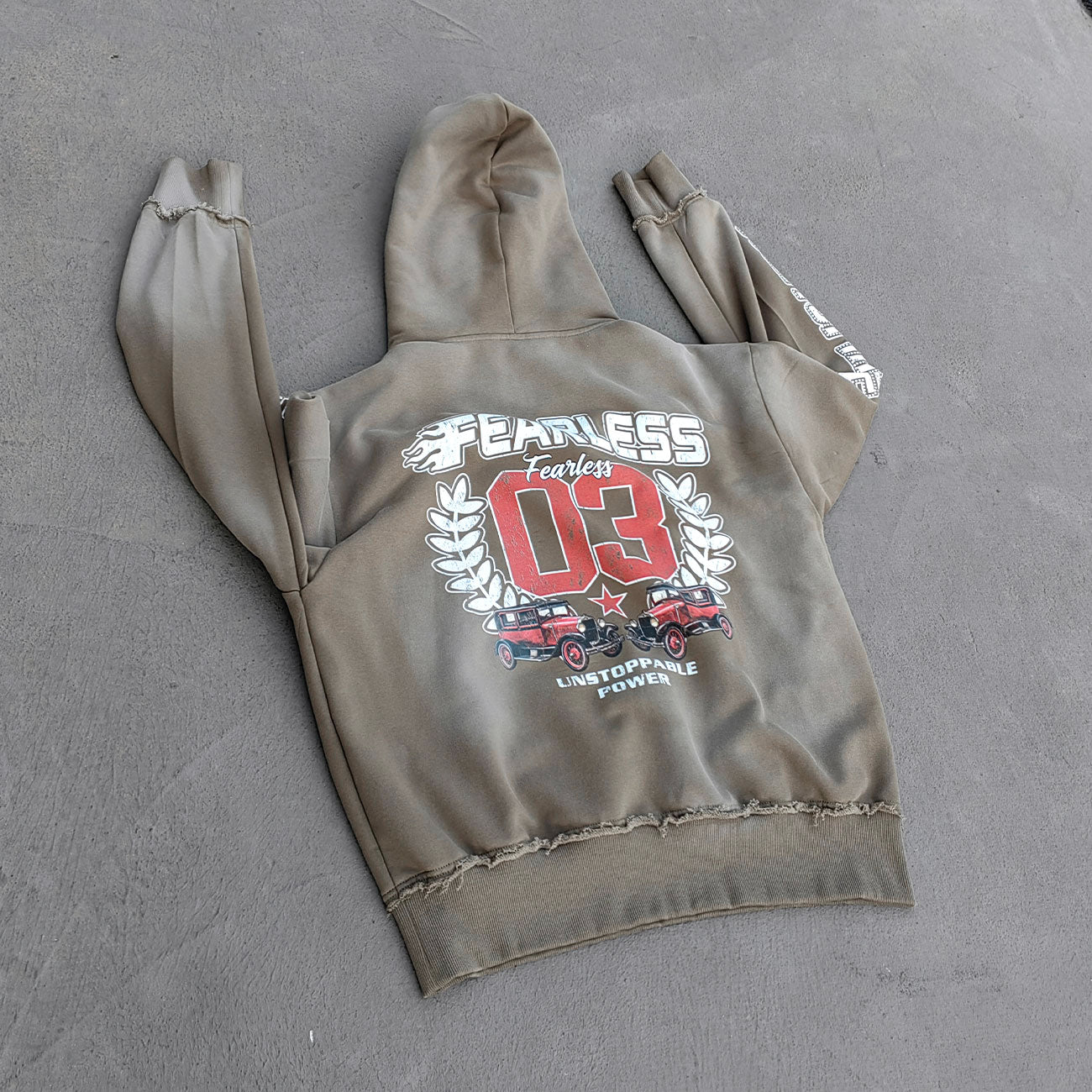 FEARLESS Graphic Hoodie - Vintage Comic Print Olive Wash Y2K Streetwear
