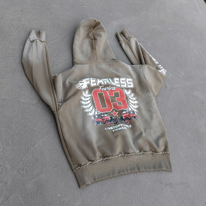 FEARLESS Graphic Hoodie - Vintage Comic Print Olive Wash Y2K Streetwear