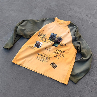 Graffiti Print Raglan Long Sleeve - Yellow Olive Color Block Ripped Y2K Streetwear