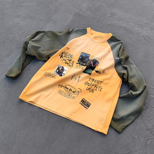 Graffiti Print Raglan Long Sleeve - Yellow Olive Color Block Ripped Y2K Streetwear