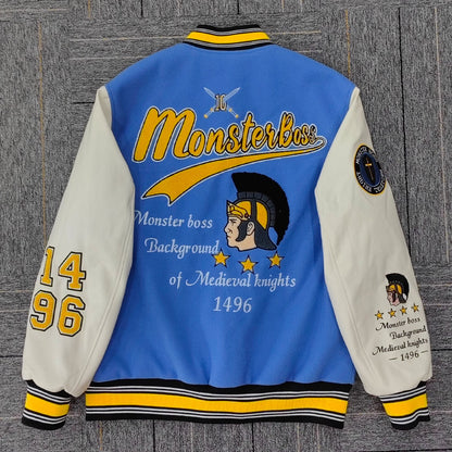 factory wholesale custom logo chenille embroidery letterman varsity jacket with leather sleeves