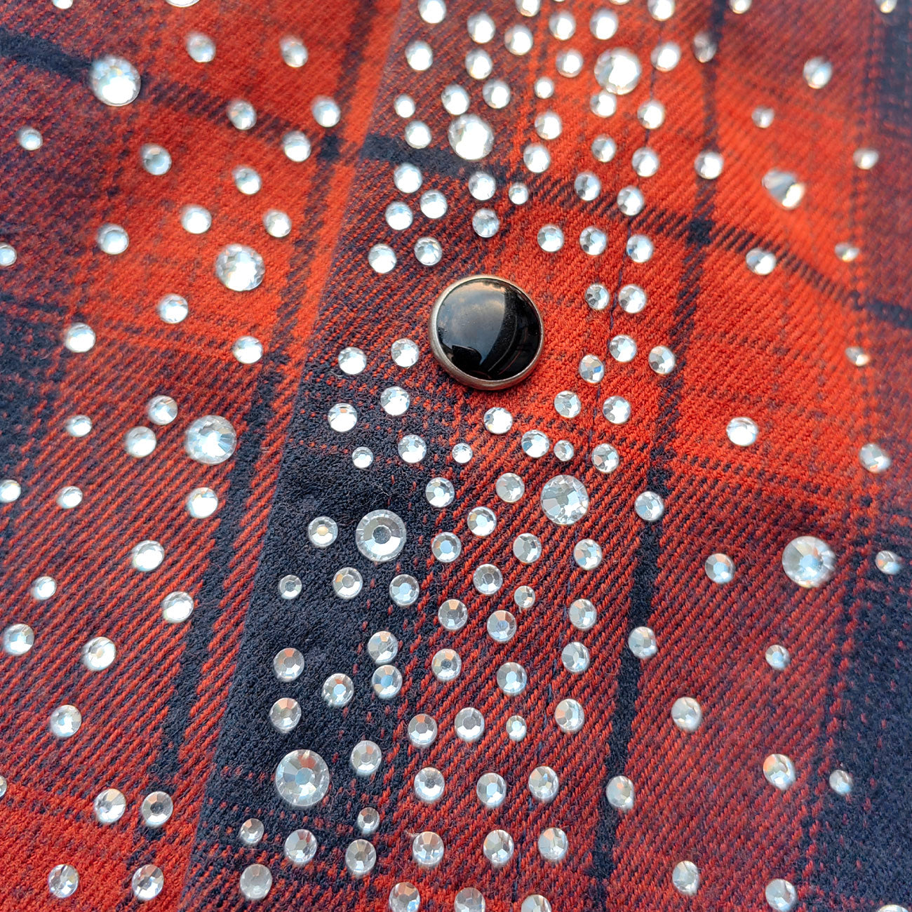 Rhinestone Plaid Shirt - Orange Black Flannel Y2K Snap Button Oversized