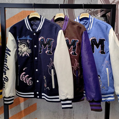 custom logo chenille embroidery letterman varsity jacket with leather sleeves