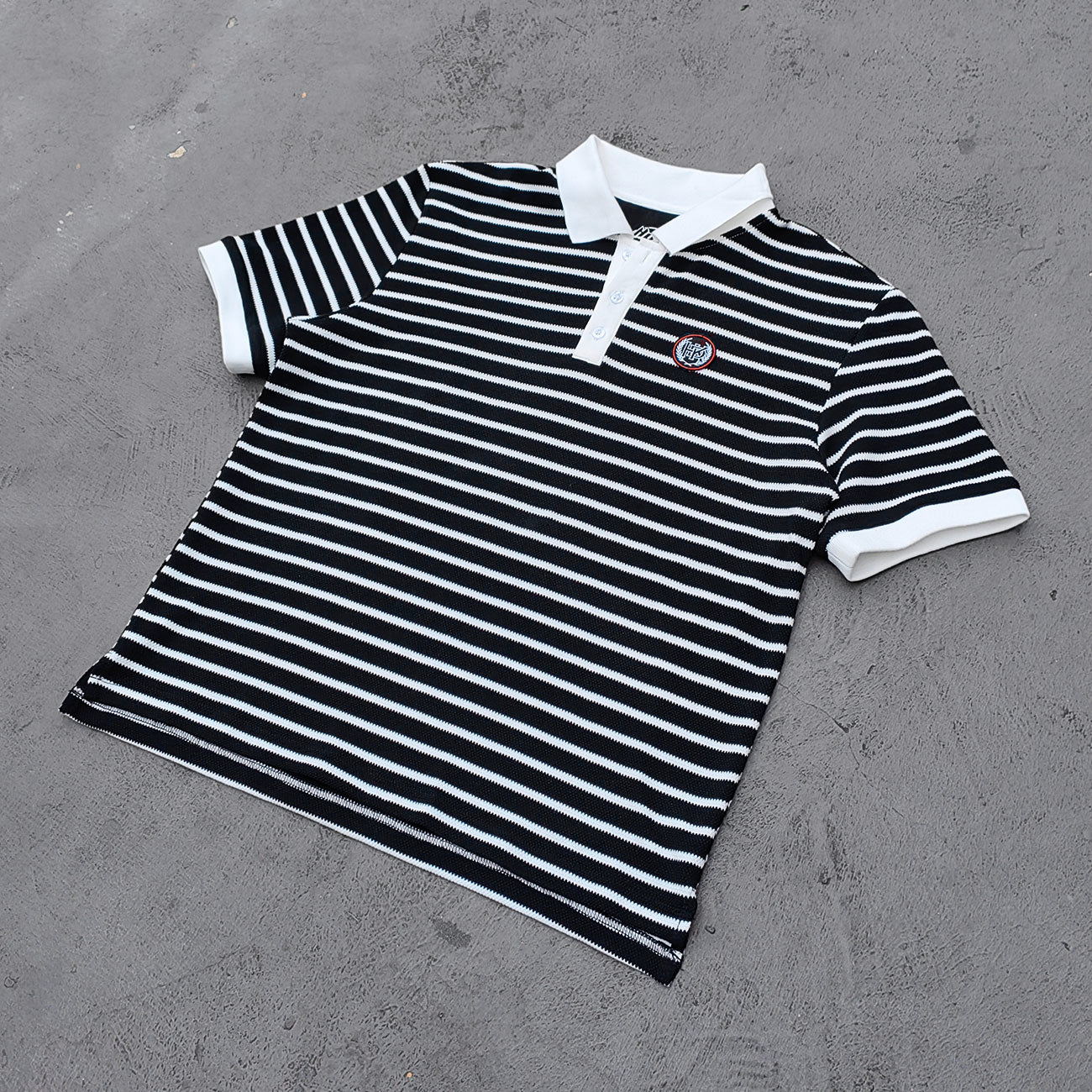 Black White Stripe Polo Shirt - Waffle Knit Collared Half Button HDK Badge Y2K Streetwear