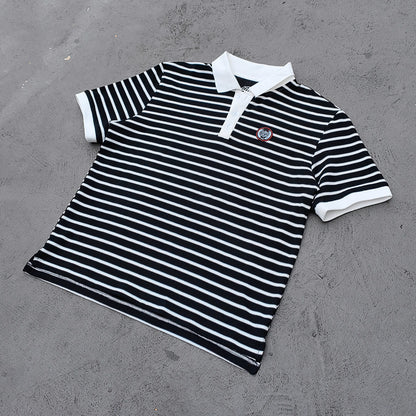 Black White Stripe Polo Shirt - Waffle Knit Collared Half Button HDK Badge Y2K Streetwear