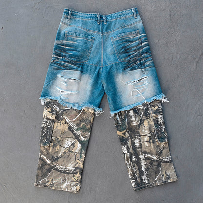 Camo Patchwork Cargo Jeans - Distressed Denim Ripped Y2K Streetwear