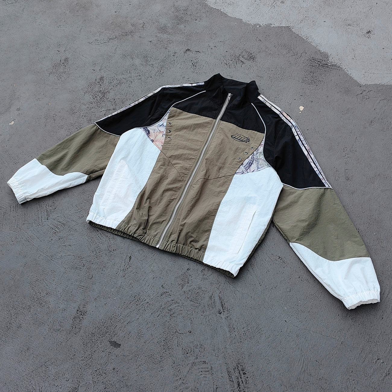Color Block Windbreaker - Black Olive White Camo Stand Collar Eyelet HDK Logo Y2K Streetwear