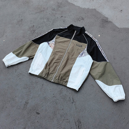 Color Block Windbreaker - Black Olive White Camo Stand Collar Eyelet HDK Logo Y2K Streetwear