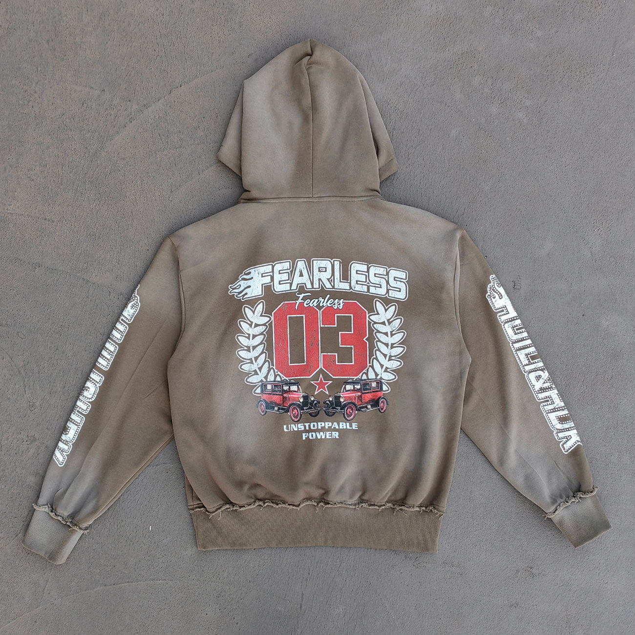 FEARLESS Graphic Hoodie - Vintage Comic Print Olive Wash Y2K Streetwear