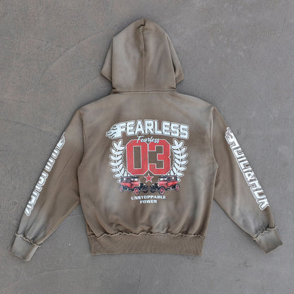 FEARLESS Graphic Hoodie - Vintage Comic Print Olive Wash Y2K Streetwear