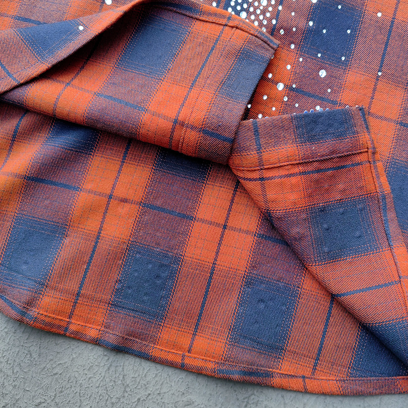 Rhinestone Plaid Shirt - Orange Black Flannel Y2K Snap Button Oversized