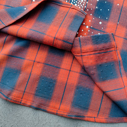 Rhinestone Plaid Shirt - Orange Black Flannel Y2K Snap Button Oversized