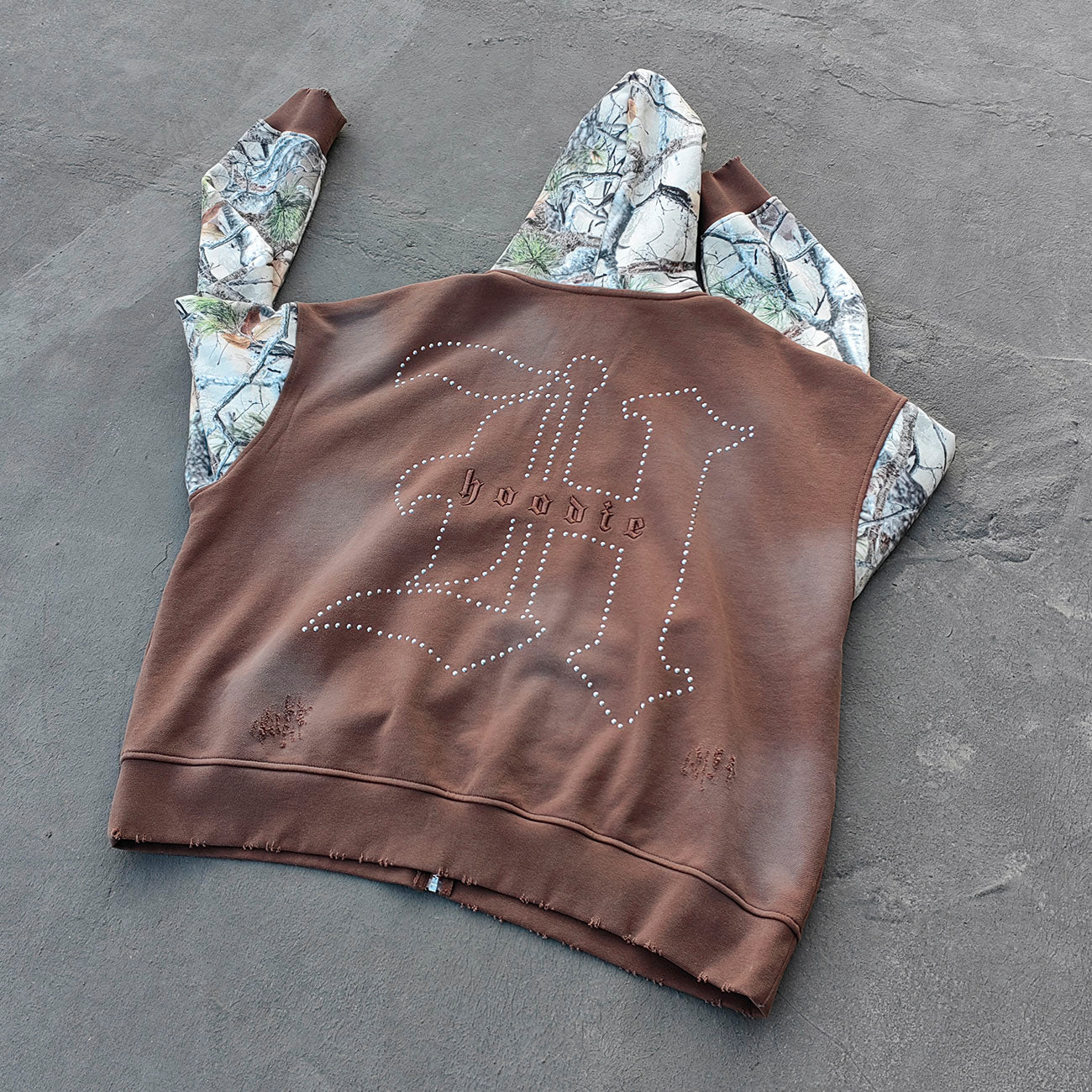Camo Patchwork Zip Up Hoodie - Brown 03 Number Studded Distressed Y2K Streetwear
