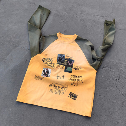 Graffiti Print Raglan Long Sleeve - Yellow Olive Color Block Ripped Y2K Streetwear