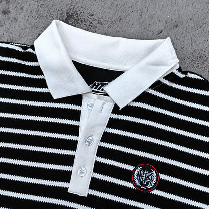 Black White Stripe Polo Shirt - Waffle Knit Collared Half Button HDK Badge Y2K Streetwear