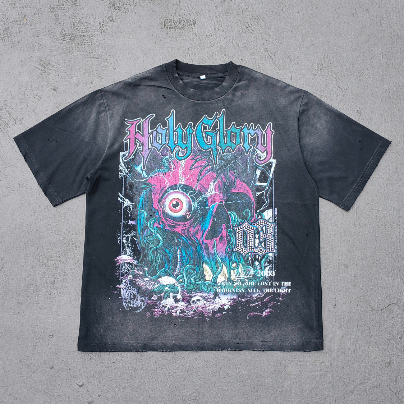 Y2K Dark Graphic Tee - Black Acid Wash Holy Glory Skull Print Ripped Oversized Gothic Streetwear