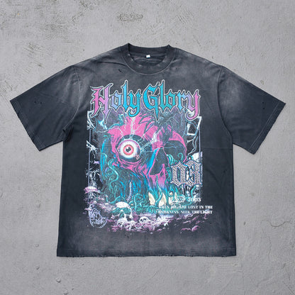 Y2K Dark Graphic Tee - Black Acid Wash Holy Glory Skull Print Ripped Oversized Gothic Streetwear