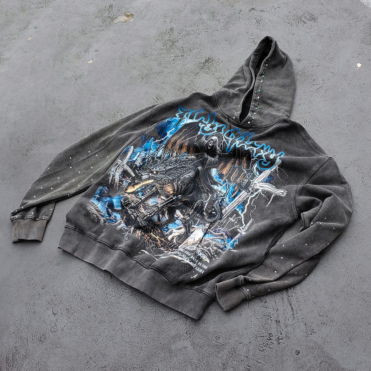 Holy Glory Rhinestone Hoodie - Dark Gray Acid Wash Grim Reaper Wolf Print Studded Y2K Streetwear