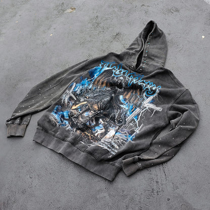 Holy Glory Rhinestone Hoodie - Dark Gray Acid Wash Grim Reaper Wolf Print Studded Y2K Streetwear