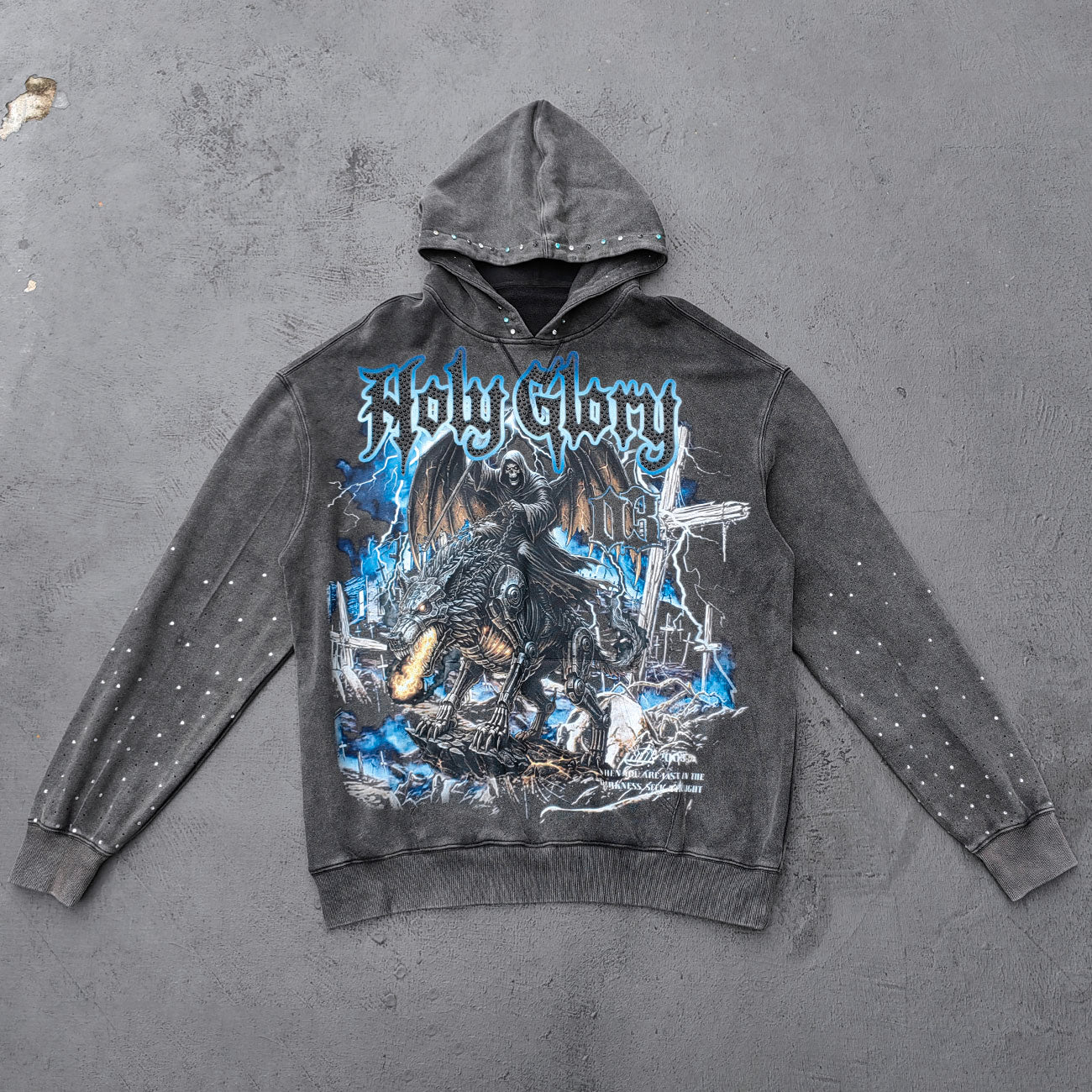 Holy Glory Rhinestone Hoodie - Dark Gray Acid Wash Grim Reaper Wolf Print Studded Y2K Streetwear