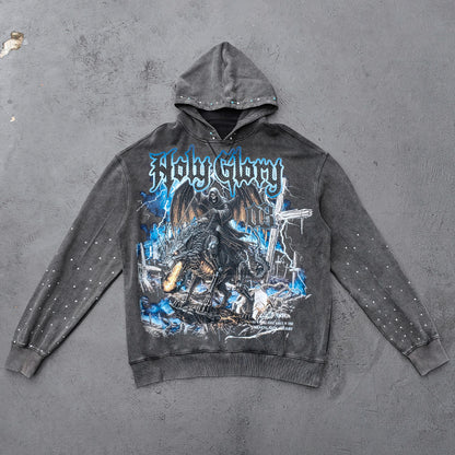 Holy Glory Rhinestone Hoodie - Dark Gray Acid Wash Grim Reaper Wolf Print Studded Y2K Streetwear