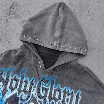 Holy Glory Rhinestone Hoodie - Dark Gray Acid Wash Grim Reaper Wolf Print Studded Y2K Streetwear