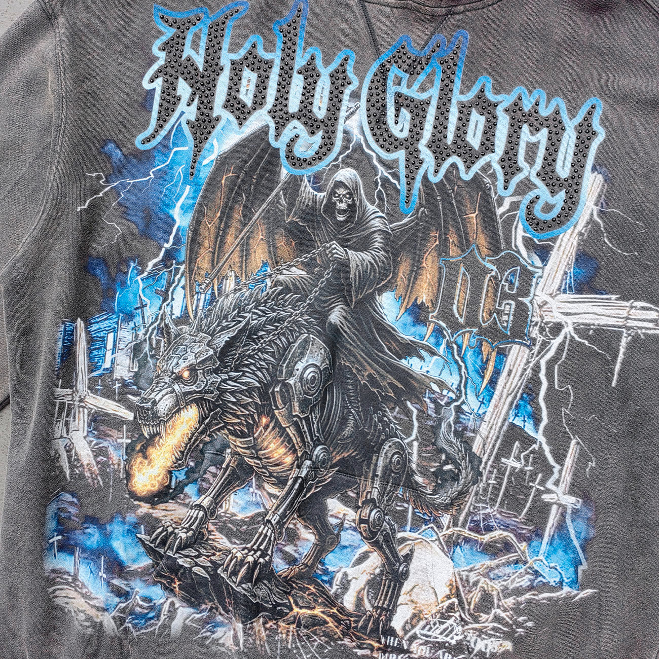 Holy Glory Rhinestone Hoodie - Dark Gray Acid Wash Grim Reaper Wolf Print Studded Y2K Streetwear