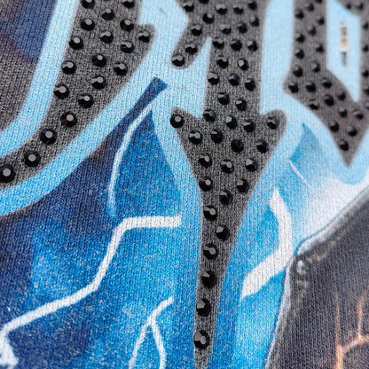 Holy Glory Rhinestone Hoodie - Dark Gray Acid Wash Grim Reaper Wolf Print Studded Y2K Streetwear