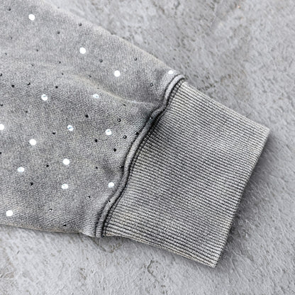 Holy Glory Rhinestone Hoodie - Dark Gray Acid Wash Grim Reaper Wolf Print Studded Y2K Streetwear