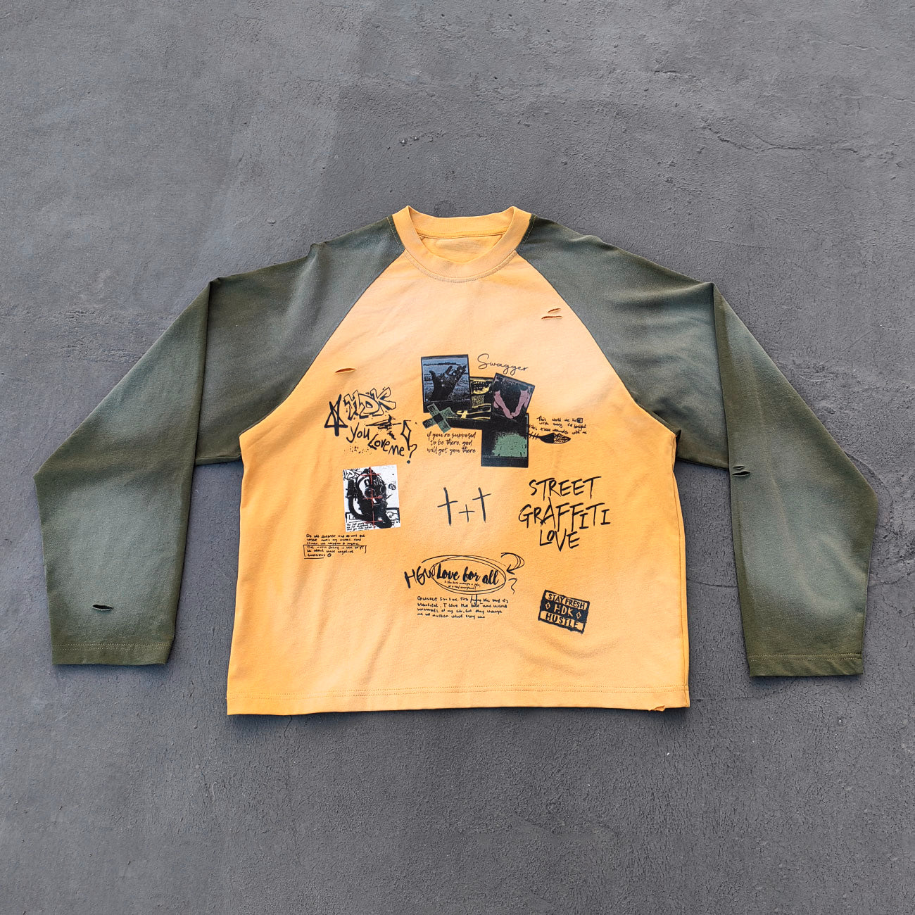 Graffiti Print Raglan Long Sleeve - Yellow Olive Color Block Ripped Y2K Streetwear