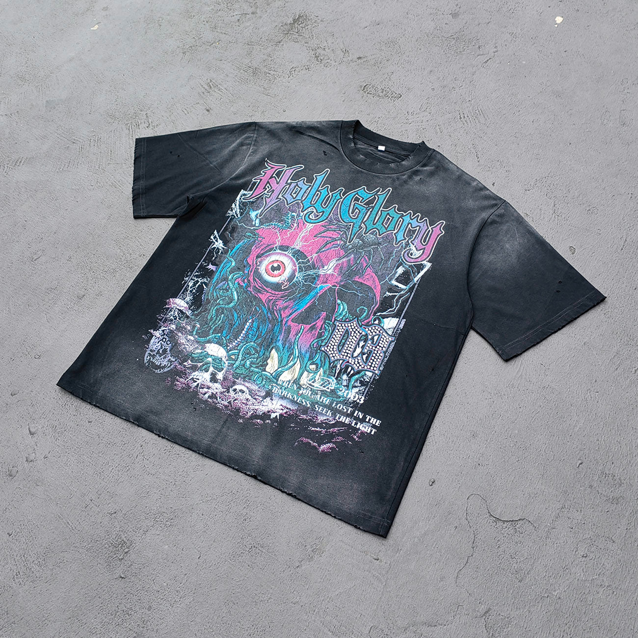 Y2K Dark Graphic Tee - Black Acid Wash Holy Glory Skull Print Ripped Oversized Gothic Streetwear
