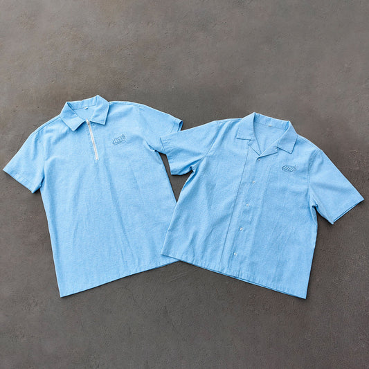 Light Blue Chambray Shirt - HDK Embroidered Half Zip / Camp Collar Y2K Streetwear