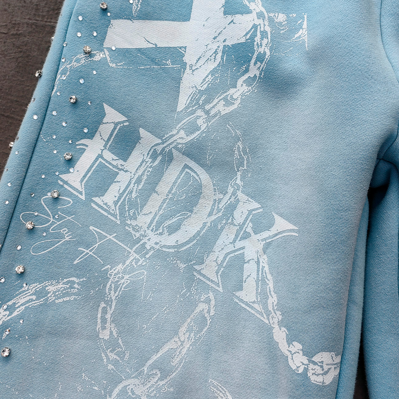 Light Blue Rhinestone Chain Tracksuit - Y2K Gradient Wash Matching Set